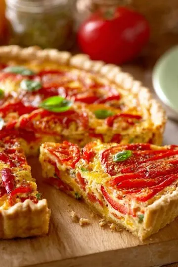 Tomato pie with fresh basil and golden crust sliced on wooden cutting board showing layers of cheese and roasted tomatoes