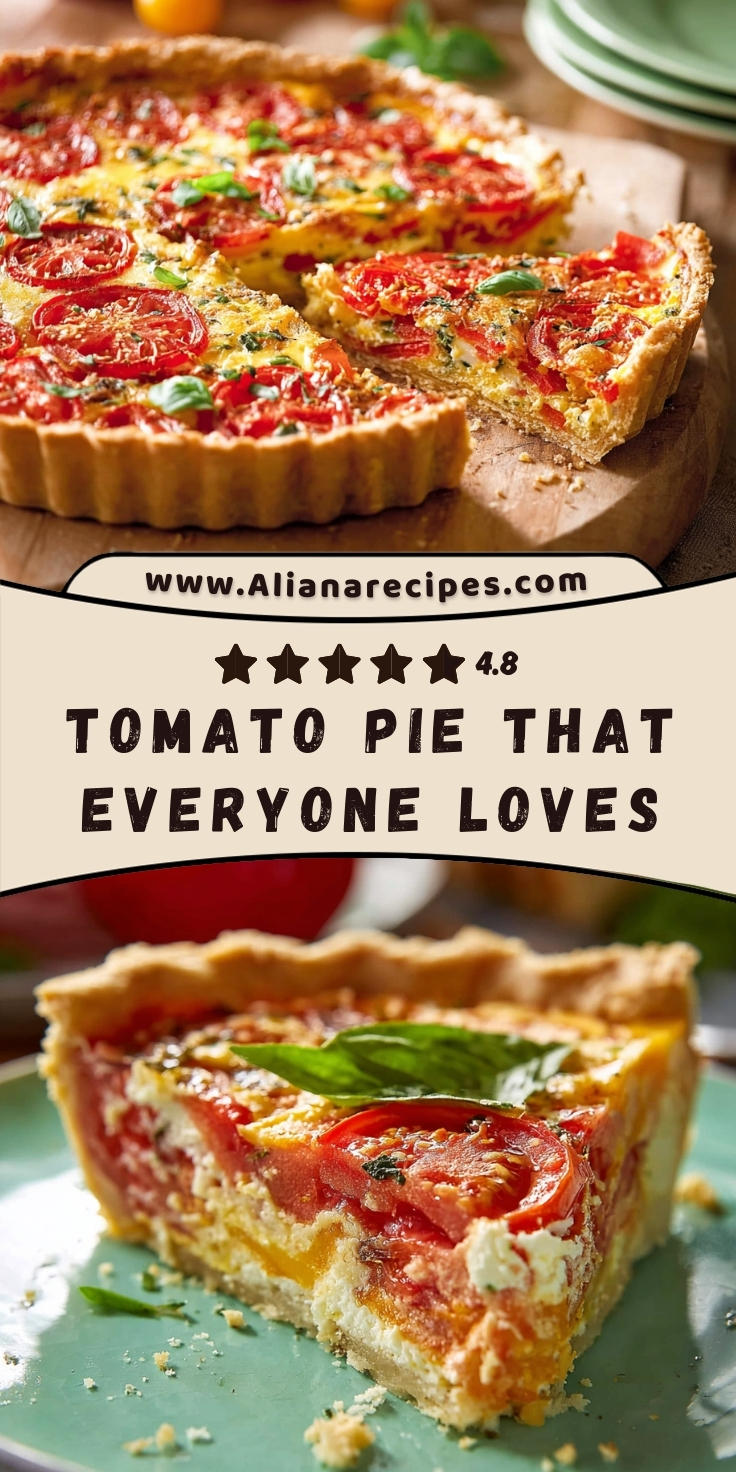 Tomato pie with fresh basil and golden flaky crust sliced on wooden board showing layers of cheese tomatoes and herbs with Pinterest overlay text