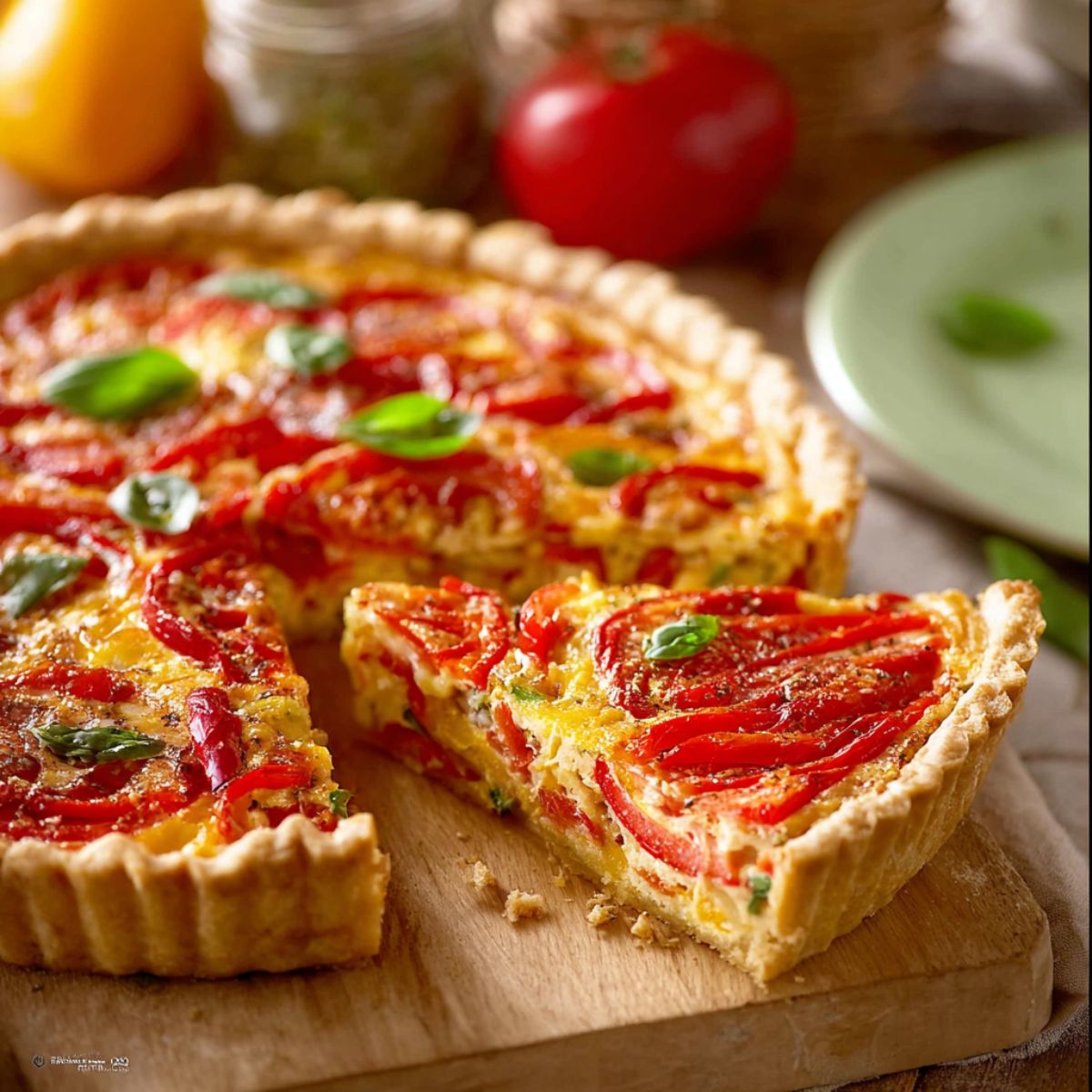 Tomato pie with fresh basil and golden crust sliced on wooden cutting board showing layers of cheese and roasted tomatoes