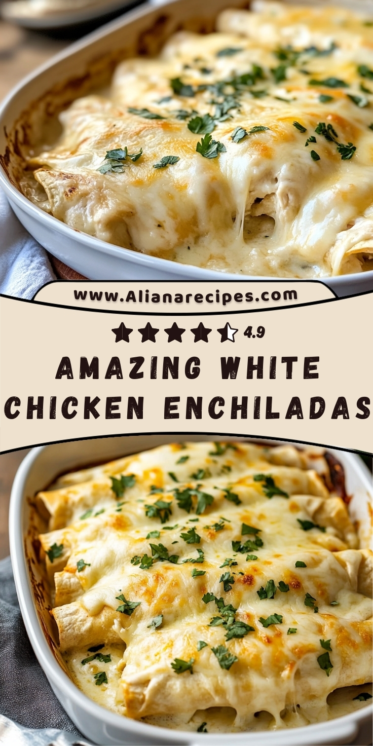 White chicken enchiladas in white baking dish showing golden-brown bubbly cheese topping with fresh cilantro garnish and website branding with 4.9-star rating overlay text displaying creamy Mexican comfort food results