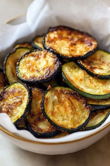 Zucchini slices golden brown and crispy in white bowl with parchment paper, showing perfectly caramelized parmesan coating on summer squash rounds