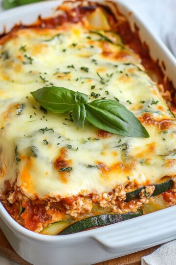 Zucchini lasagna in white baking dish showing golden brown melted cheese top with fresh basil garnish, layered zucchini slices visible, and rich tomato meat sauce between layers