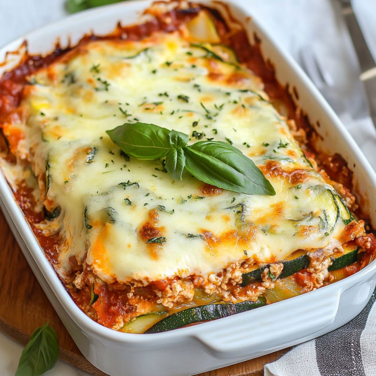 Zucchini lasagna in white baking dish showing golden brown melted cheese top with fresh basil garnish, layered zucchini slices visible, and rich tomato meat sauce between layers
