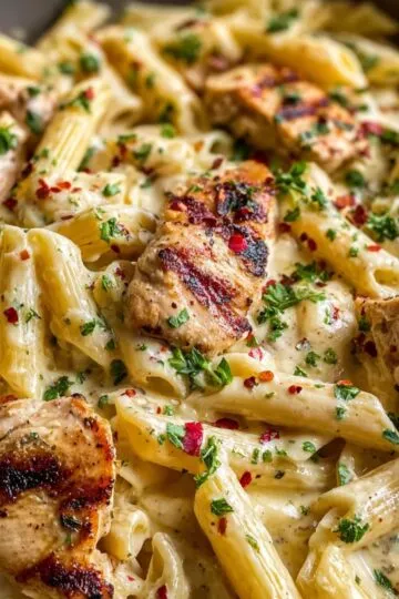Garlic parmesan chicken pasta featuring golden seared chicken pieces tossed with penne pasta in a rich creamy parmesan sauce garnished with fresh parsley and red pepper flakes
