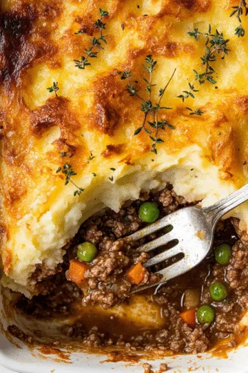 Close-up of a half-eaten shepherd's pie in a white dish. Golden mashed potatoes topped with herbs cover savory minced meat, peas, and carrots.