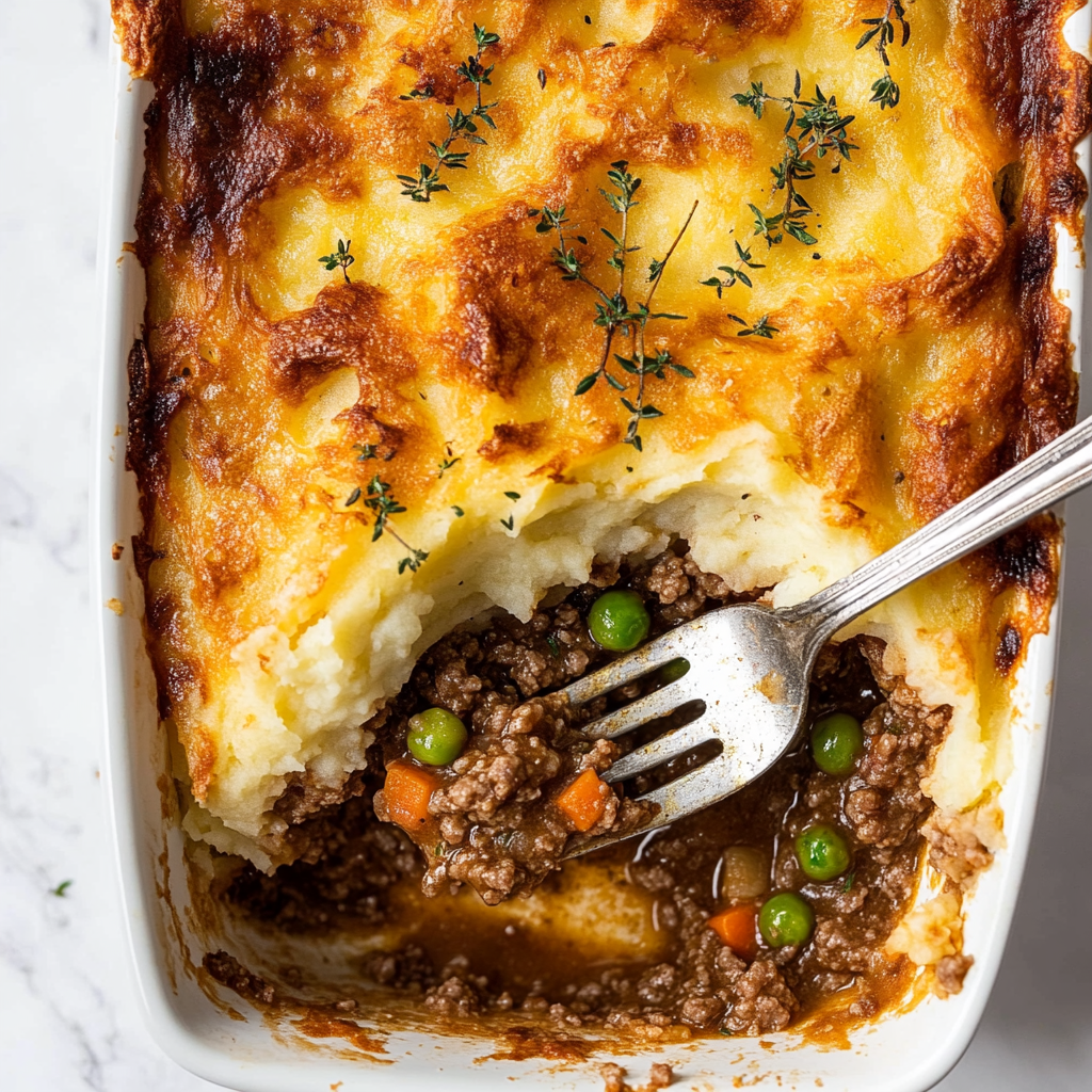 Close-up of a half-eaten shepherd's pie in a white dish. Golden mashed potatoes topped with herbs cover savory minced meat, peas, and carrots.