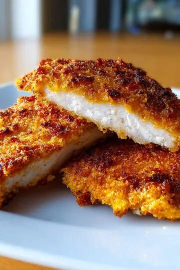 Air fryer chicken breast cut in half on blue plate showing golden brown crispy exterior and perfectly cooked white juicy interior