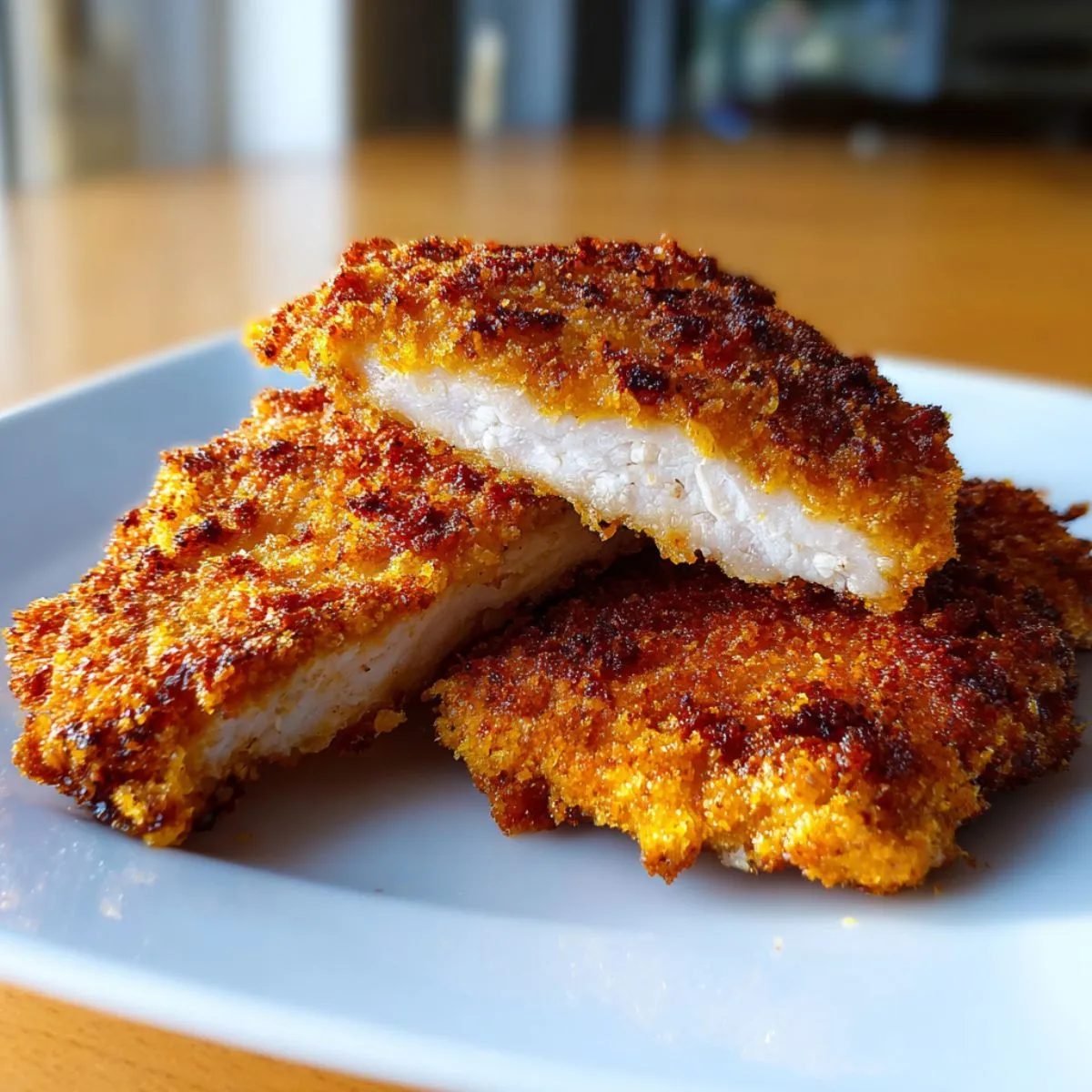 Air fryer chicken breast cut in half on blue plate showing golden brown crispy exterior and perfectly cooked white juicy interior