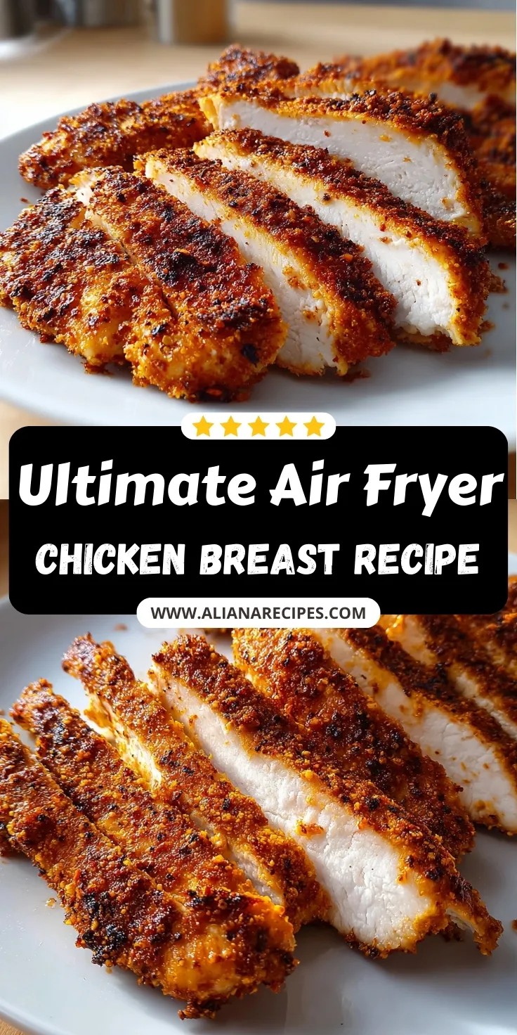 Air fryer chicken breast sliced showing golden crispy exterior and juicy white meat interior on white plate with perfect seasoning