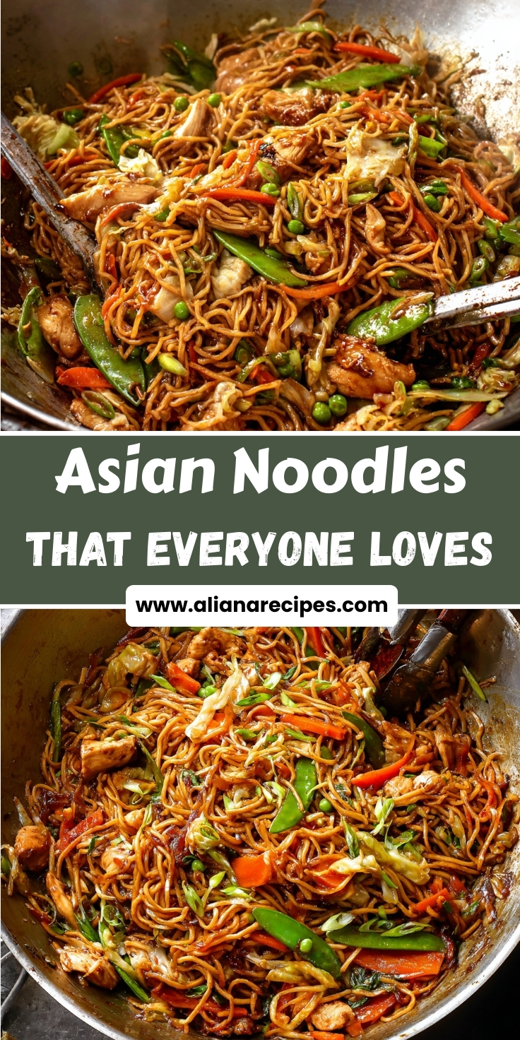 Asian noodles stir-fried in wok with mixed vegetables snap peas carrots cabbage and savory brown sauce coating the noodles