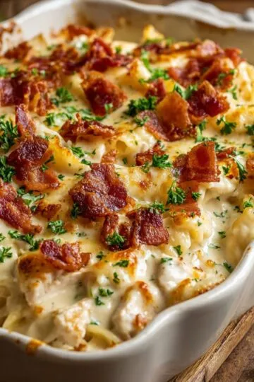 Chicken bacon ranch casserole in white baking dish topped with crispy bacon pieces melted cheese and fresh parsley herbs