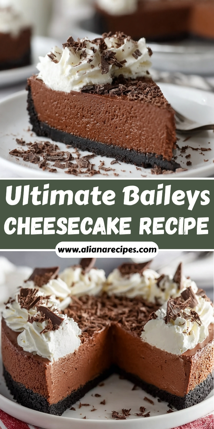Baileys cheesecake Pinterest pin showing chocolate Irish cream cheesecake slice with whipped cream dollops and chocolate shavings with website overlay