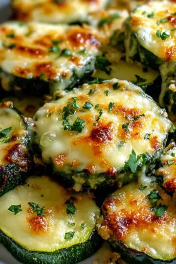 Baked zucchini and cheese slices with golden melted cheese and fresh herbs on a white plate, showing perfectly tender zucchini rounds topped with bubbly mozzarella and parmesan