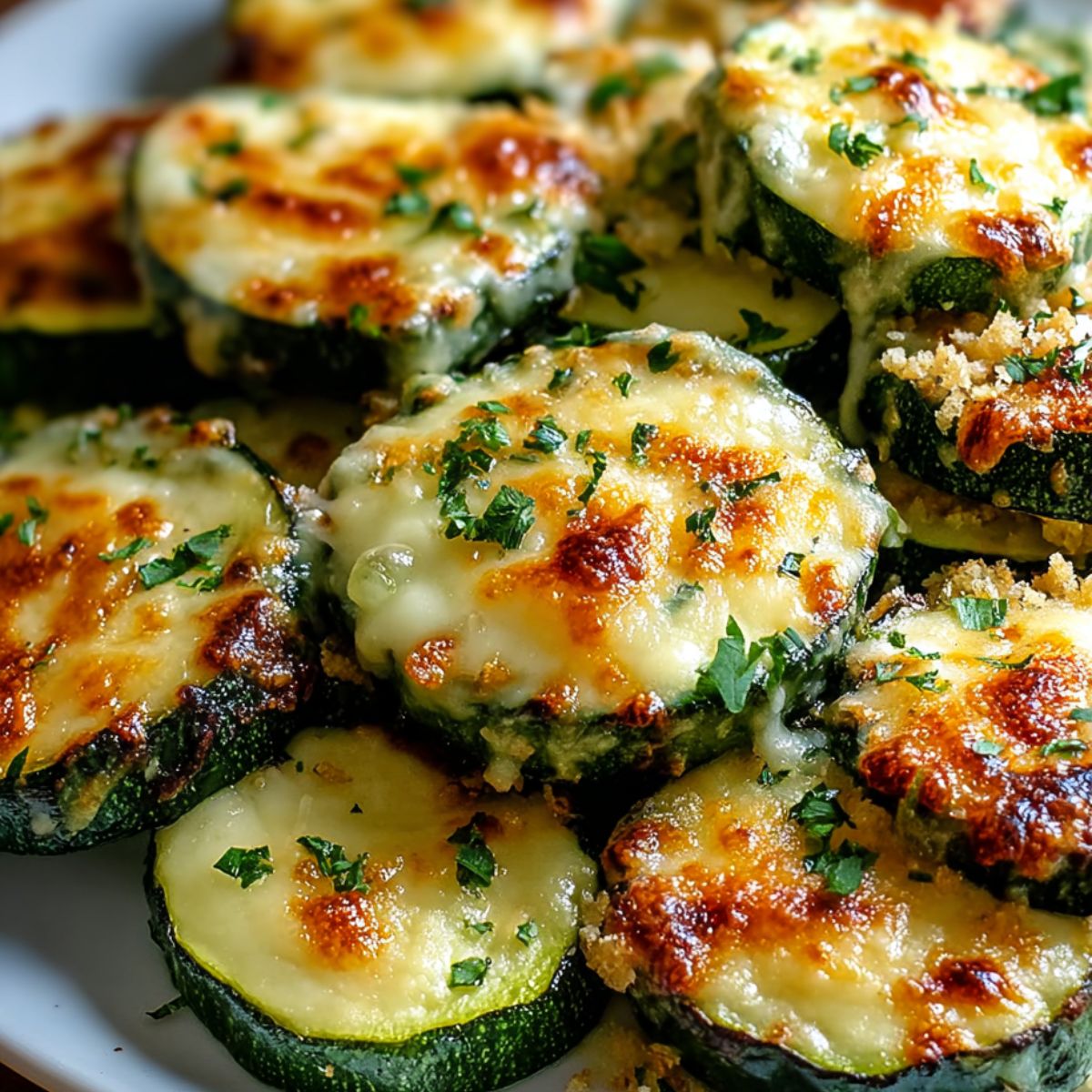 Baked zucchini and cheese slices with golden melted cheese and fresh herbs on a white plate, showing perfectly tender zucchini rounds topped with bubbly mozzarella and parmesan