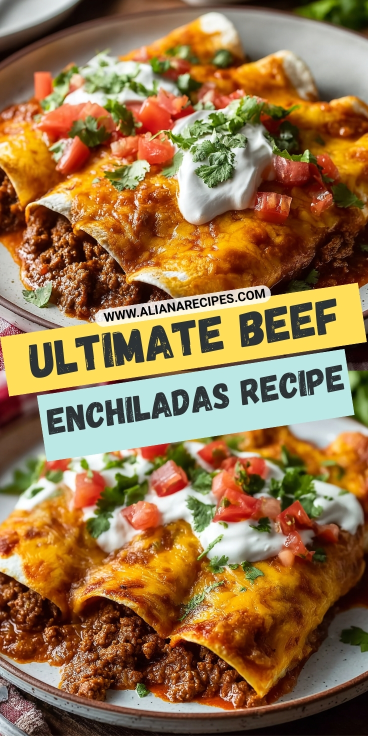 Beef enchiladas recipe showing golden tortillas filled with seasoned ground beef topped with melted cheese, sour cream, diced tomatoes and fresh cilantro