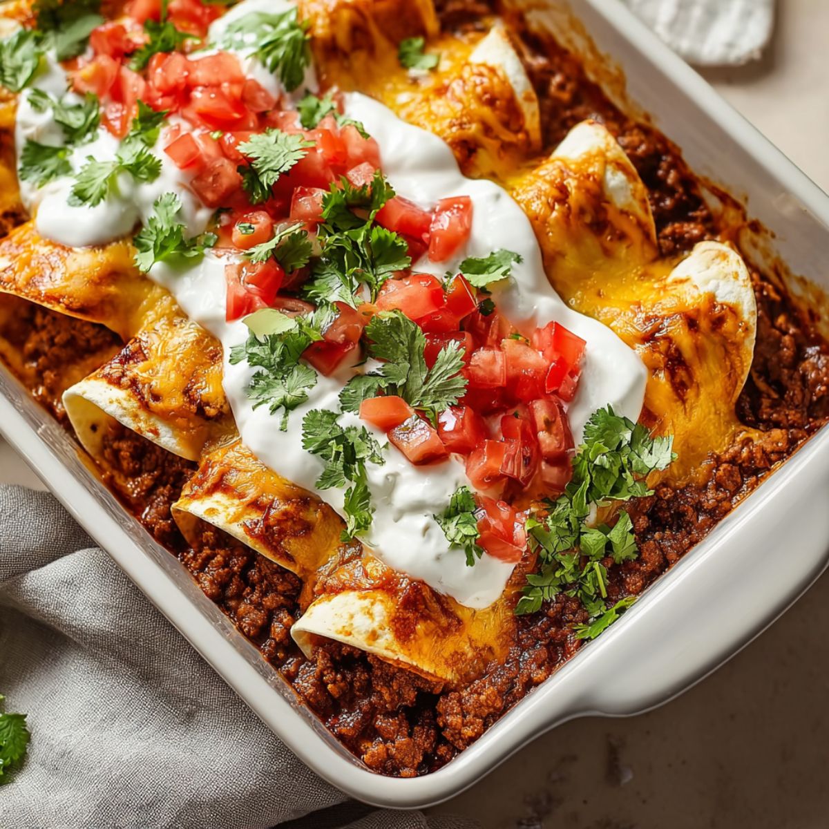 Beef enchiladas in white baking dish topped with melted cheese, sour cream, diced tomatoes and fresh cilantro showing golden tortillas filled with seasoned ground beef