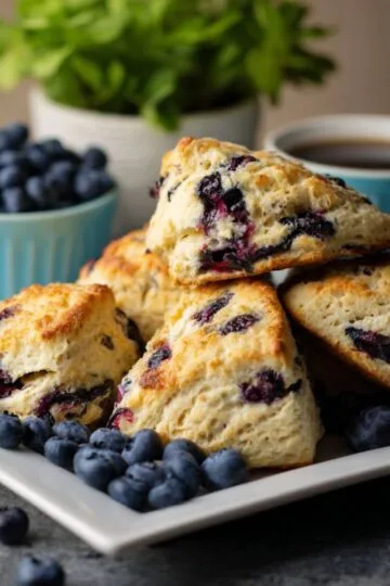 Blueberry scones golden and flaky with fresh berries served on white plate with coffee and fresh blueberries