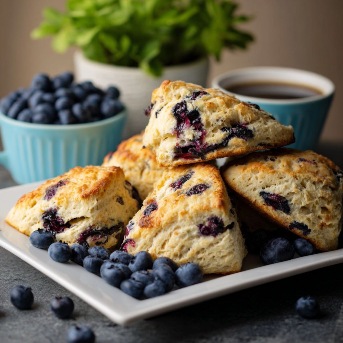 Blueberry scones golden and flaky with fresh berries served on white plate with coffee and fresh blueberries