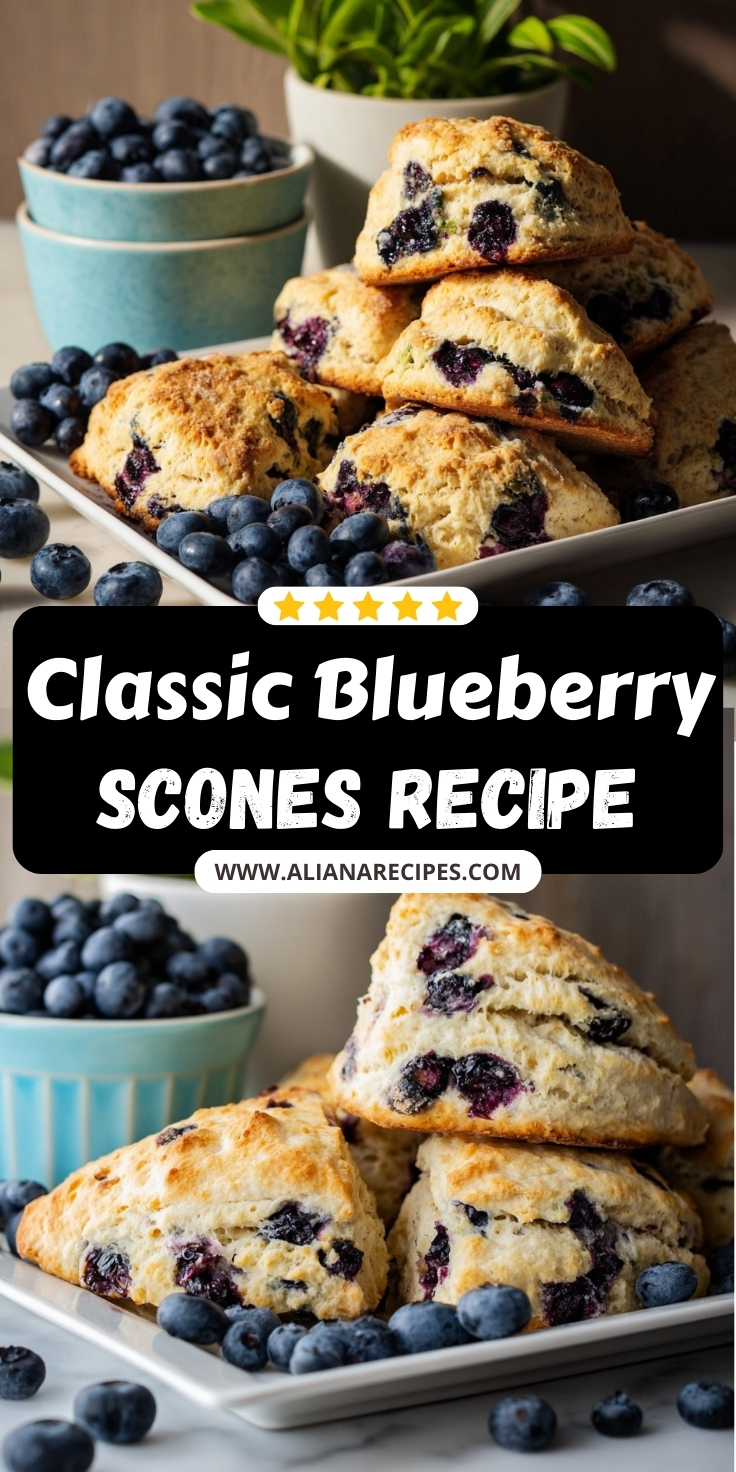 Blueberry scones golden flaky triangular pastries stacked on white plate with fresh blueberries scattered around and blue bowls in background