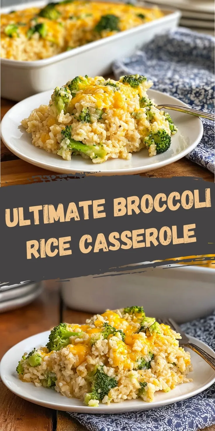 Broccoli rice casserole served on white plate showing creamy rice mixed with bright green broccoli florets and melted cheese with casserole dish in background
