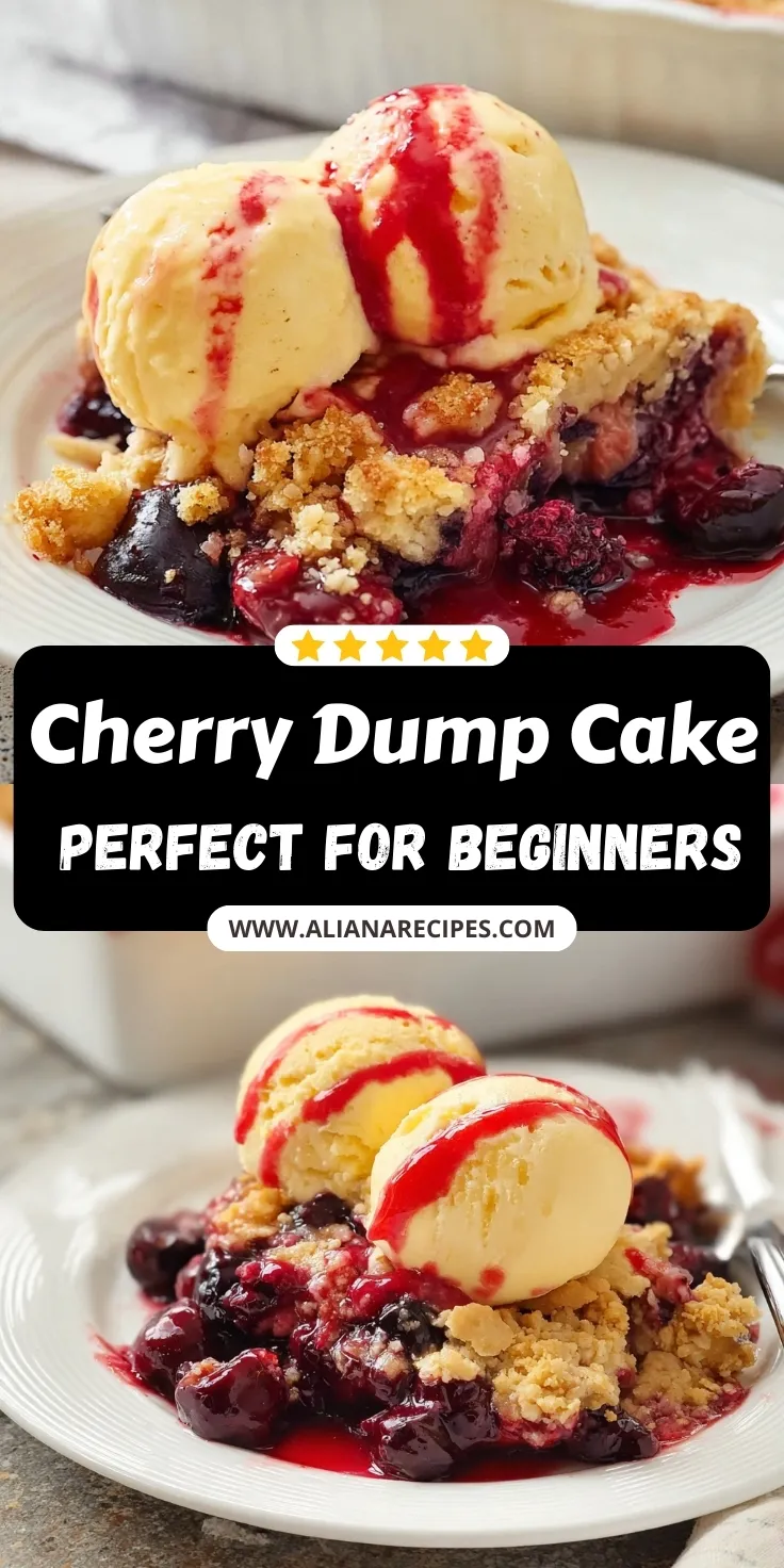 Cherry dump cake served with vanilla ice cream showing golden cake topping bubbling cherry filling and cherry sauce drizzle