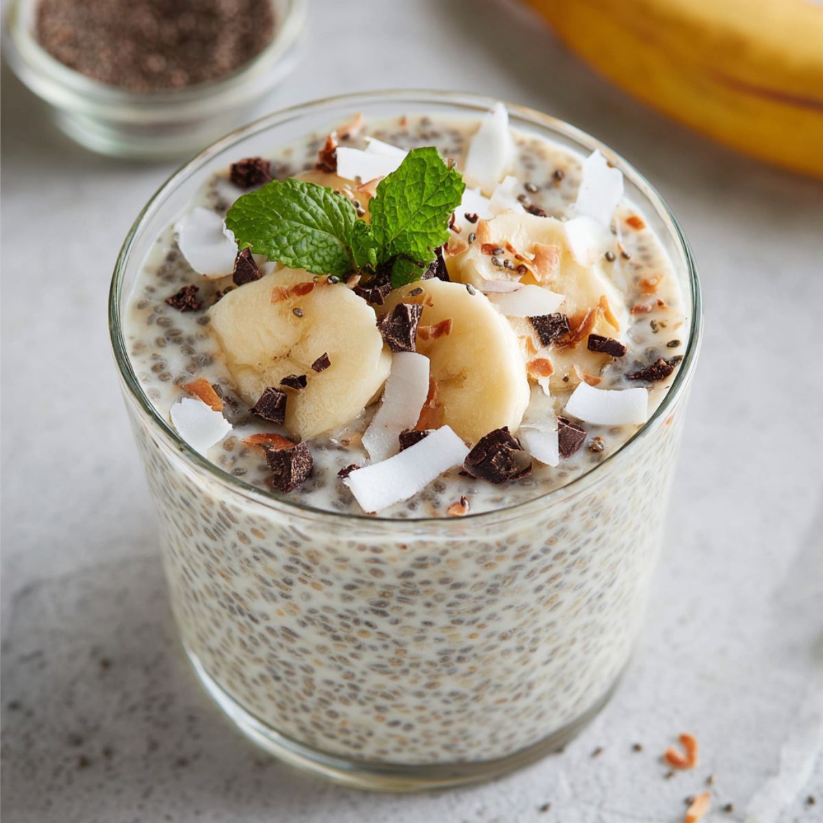Chia seed pudding in glass jar topped with banana slices coconut flakes dark chocolate chunks and fresh mint garnish