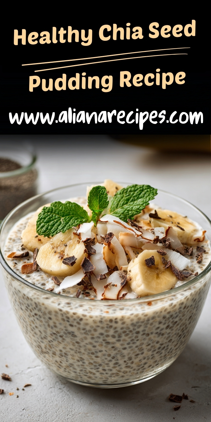 Chia seed pudding topped with sliced banana coconut flakes dark chocolate and fresh mint leaves in clear glass bowl