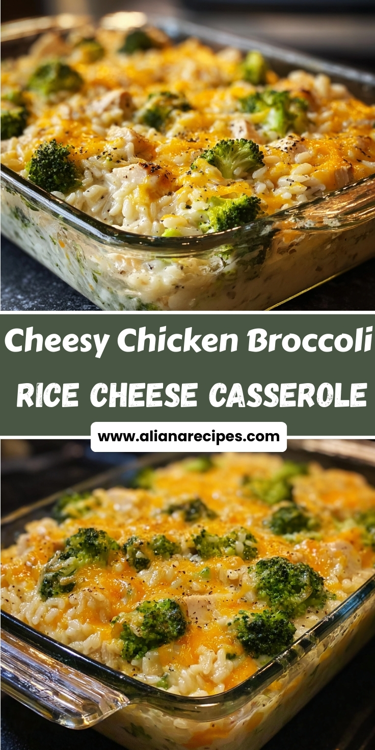 Chicken broccoli rice cheese casserole in glass baking dish showing melted golden cheese on top with broccoli florets and rice mixture