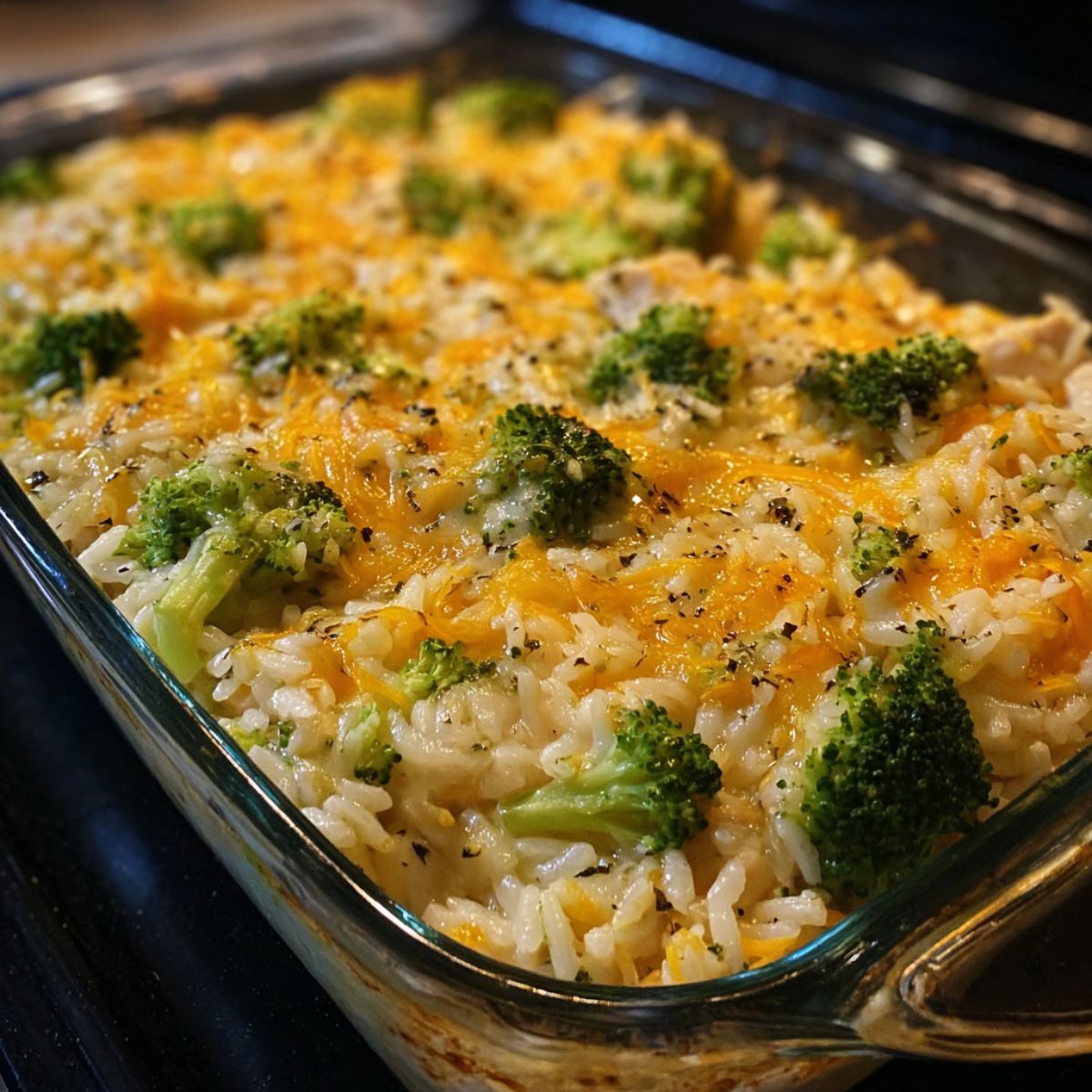 Chicken broccoli rice cheese casserole close up view showing golden melted cheese with fresh broccoli florets and seasoned rice in glass dish