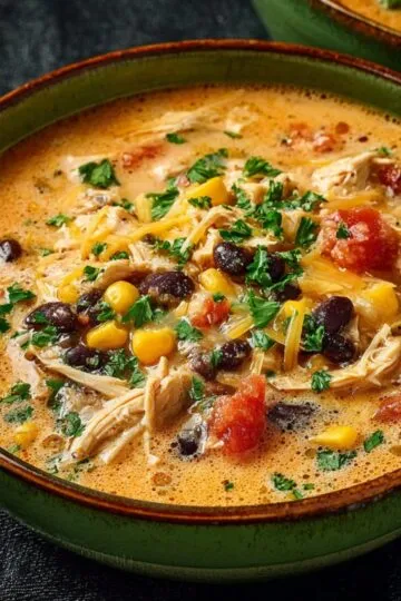Chicken enchilada soup in green bowl with shredded chicken black beans corn cheese and fresh cilantro in creamy broth