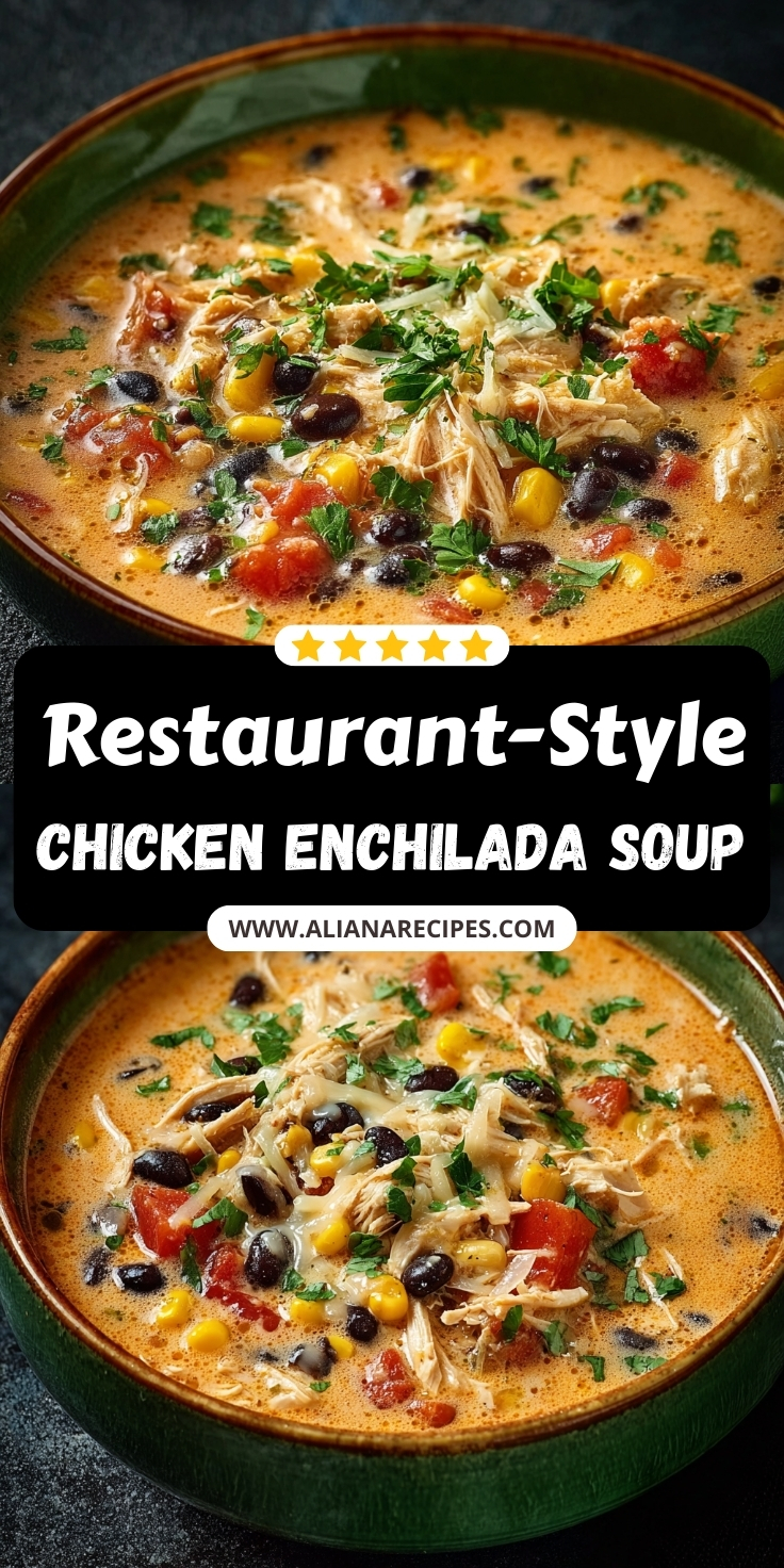 Chicken enchilada soup restaurant style with shredded chicken black beans corn cilantro and creamy enchilada broth in green bowls