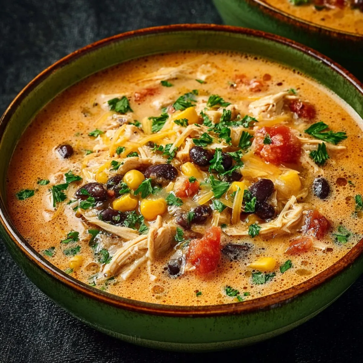 Chicken enchilada soup in green bowl with shredded chicken black beans corn cheese and fresh cilantro in creamy broth
