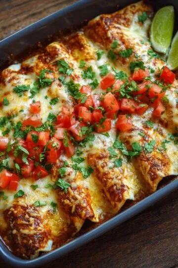 Chicken enchiladas in dark baking dish with golden brown cheese topping fresh diced tomatoes cilantro and lime wedges