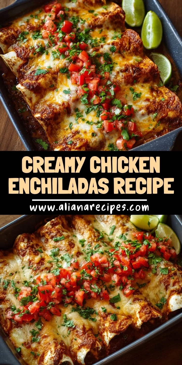 Chicken enchiladas in cast iron skillet topped with melted cheese fresh cilantro diced tomatoes and lime wedges on wooden surface