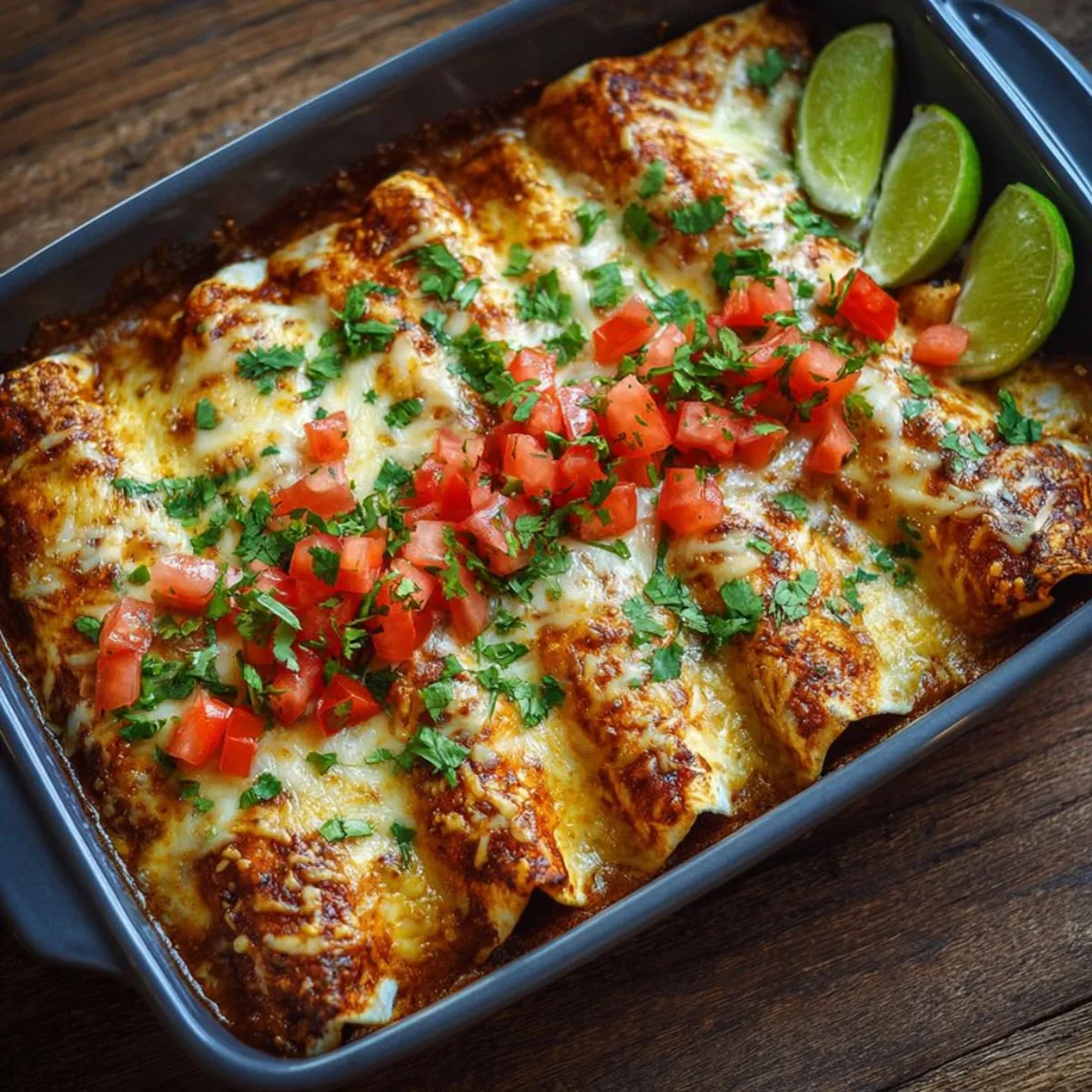 Chicken enchiladas in dark baking dish with golden brown cheese topping fresh diced tomatoes cilantro and lime wedges