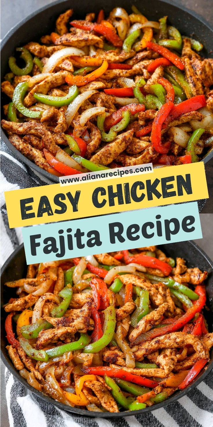 Chicken fajita recipe with seasoned chicken strips, colorful bell peppers and onions cooking in cast iron skillet showing vibrant colors and caramelized edges