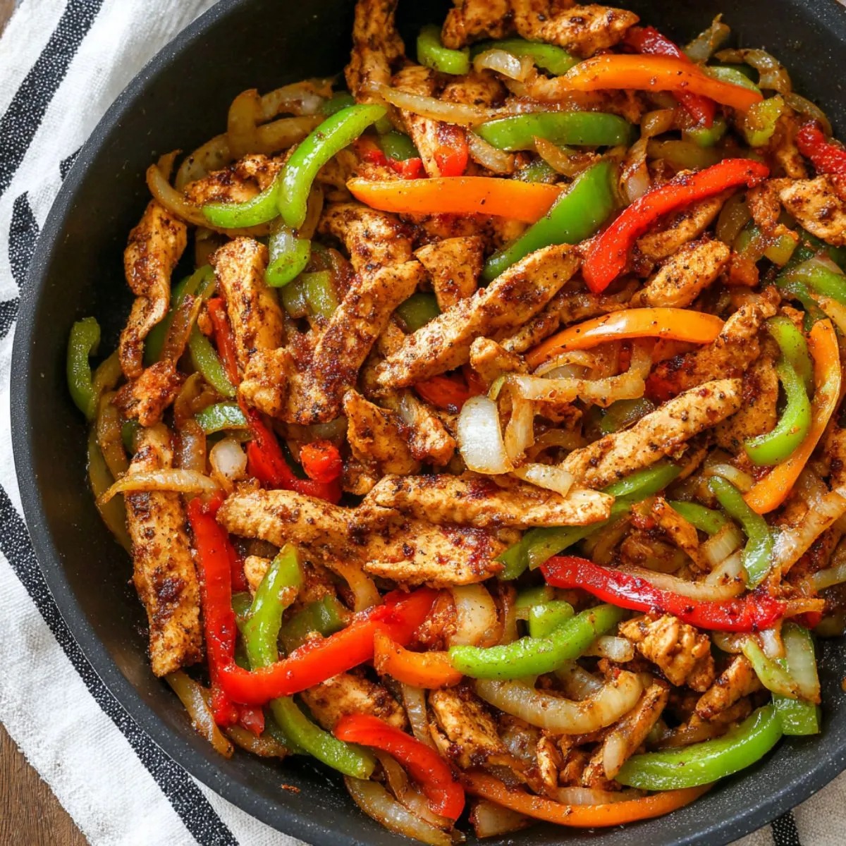 Chicken fajita recipe with seasoned chicken strips and colorful bell peppers and onions sizzling in cast iron skillet showing caramelized edges and vibrant colors