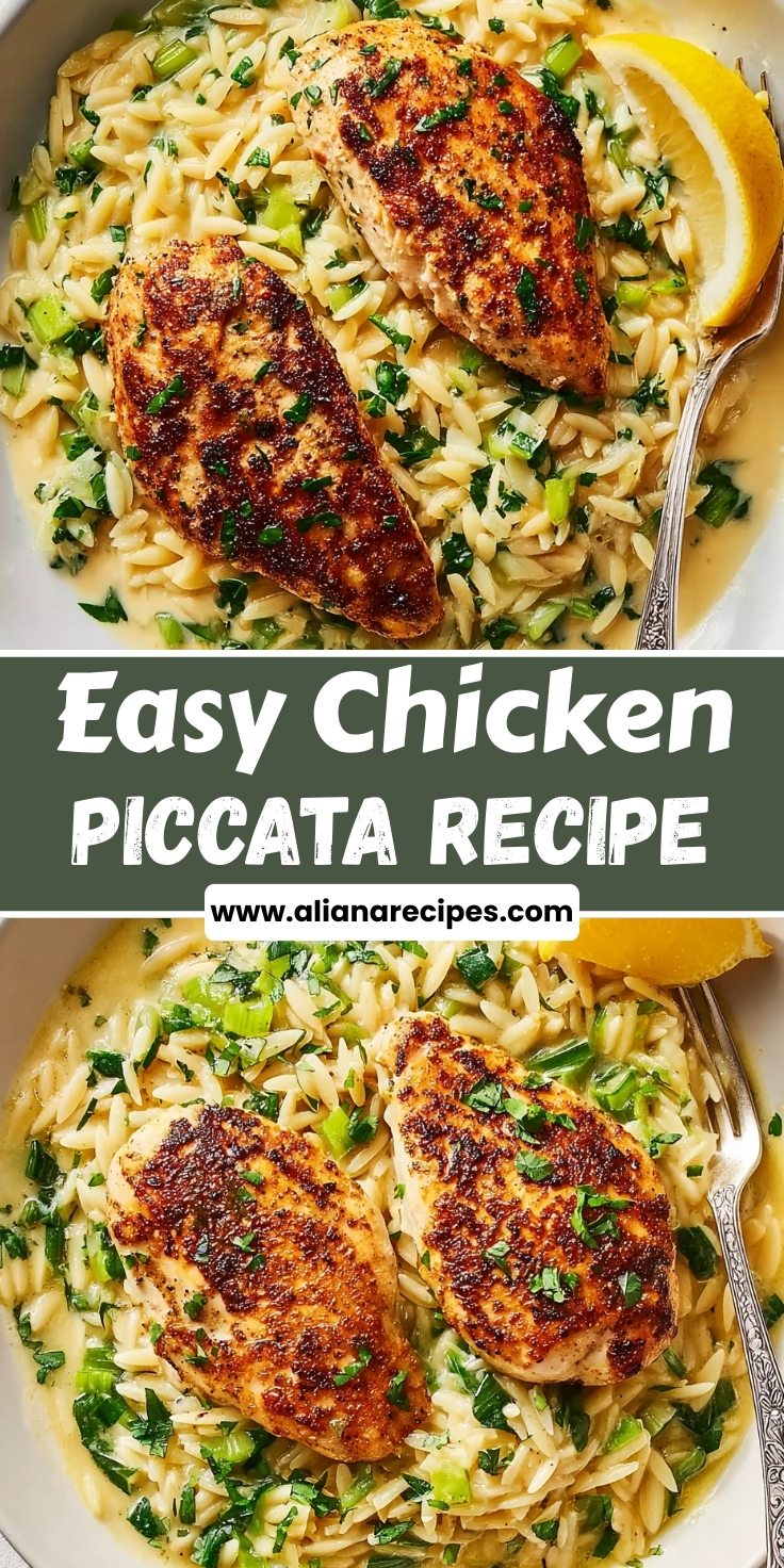 Chicken piccata golden seared cutlets with creamy lemon caper sauce served over orzo pasta with fresh parsley and lemon slice