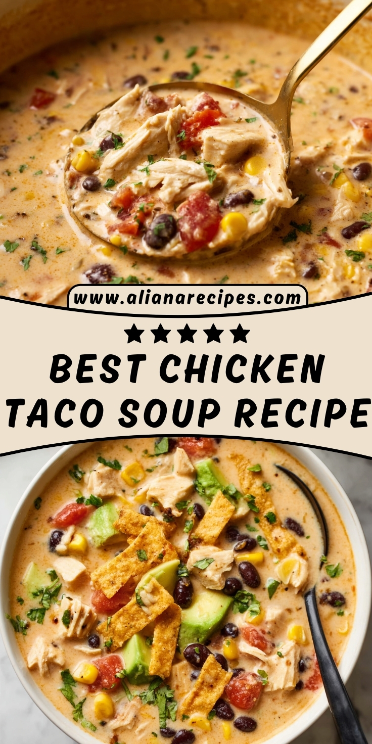 Chicken taco soup recipe showing creamy soup with shredded chicken, black beans, corn, diced tomatoes and fresh cilantro being ladled with golden spoon