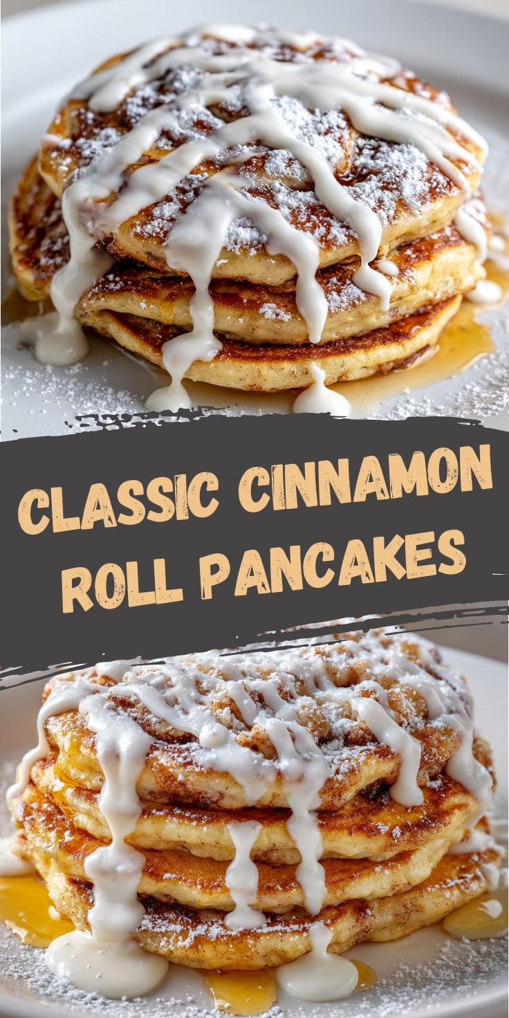 Cinnamon roll pancakes served on white plate with fork and coffee cup showing breakfast presentation