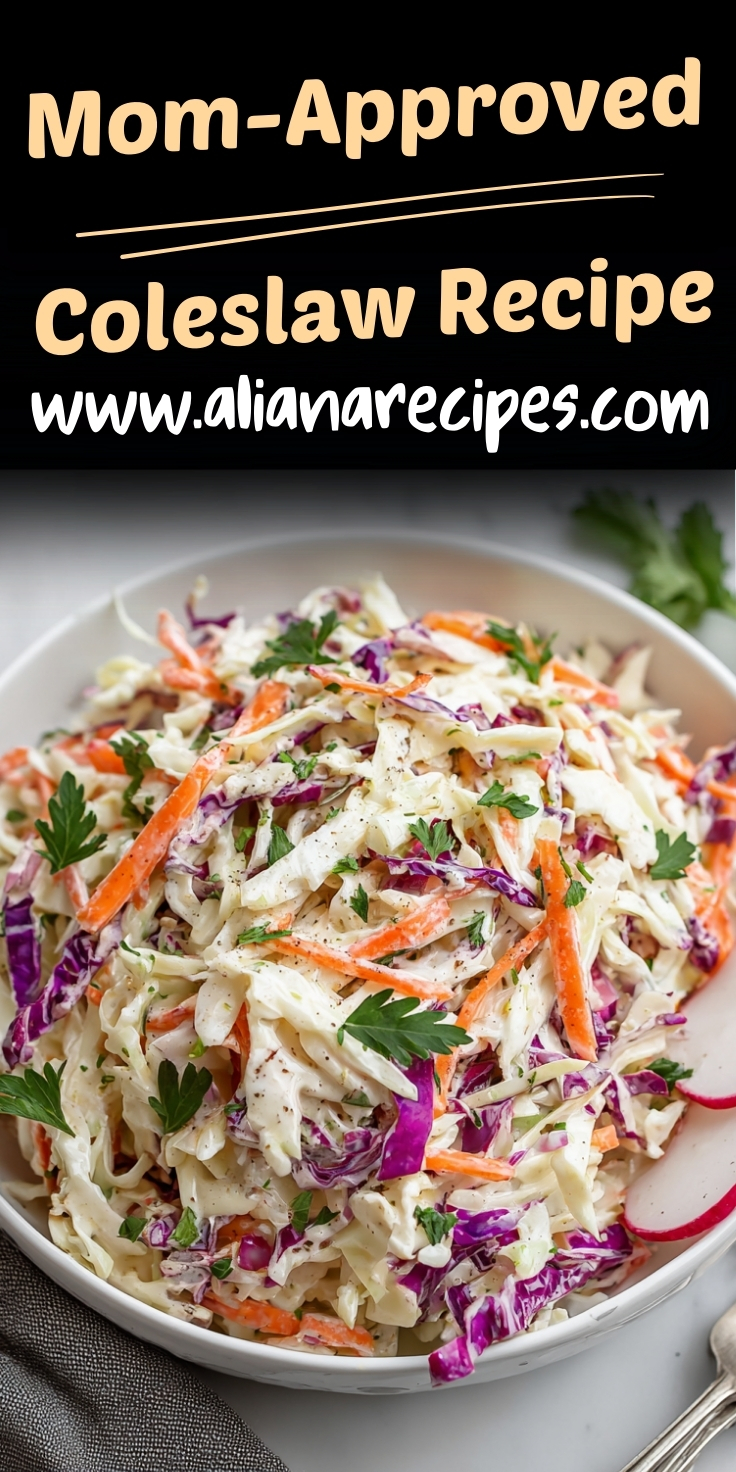 Coleslaw recipe featuring vibrant mix of shredded green and purple cabbage with julienned carrots in creamy dressing with fresh parsley garnish and radish slices in white bowl labeled as mom-approved recipe