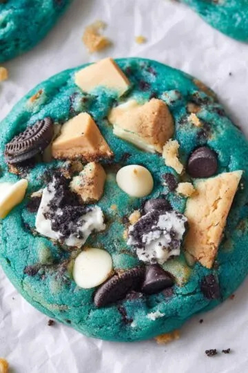 Cookie monster cookies bright blue with crushed Oreo pieces white chocolate chips and golden cookie chunks on parchment paper