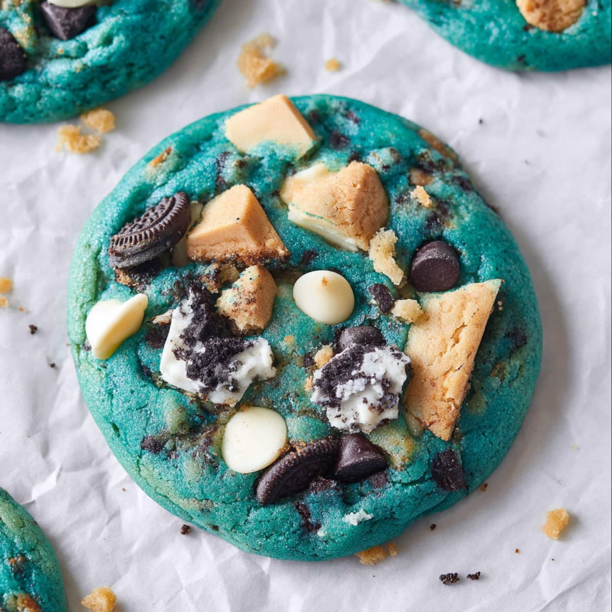 Cookie monster cookies bright blue with crushed Oreo pieces white chocolate chips and golden cookie chunks on parchment paper