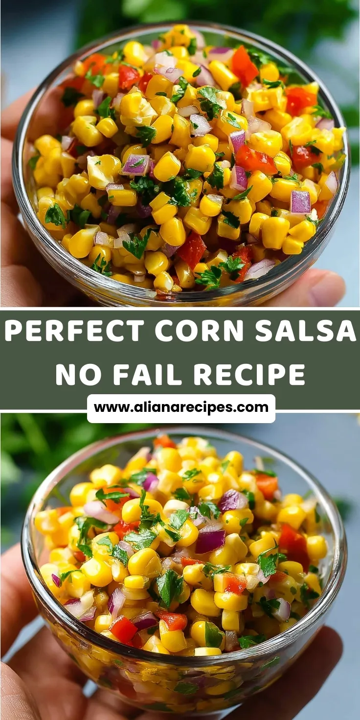 "Corn salsa with bright yellow corn kernels, diced red peppers, purple onions, and fresh cilantro in glass bowl