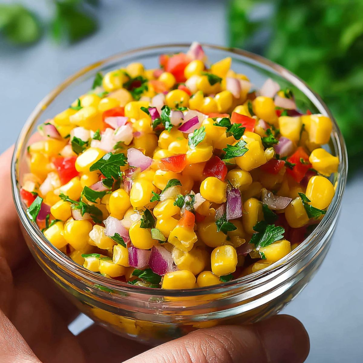 Corn salsa close-up showing bright yellow kernels mixed with diced red peppers, purple onions, and fresh cilantro in clear glass bowl