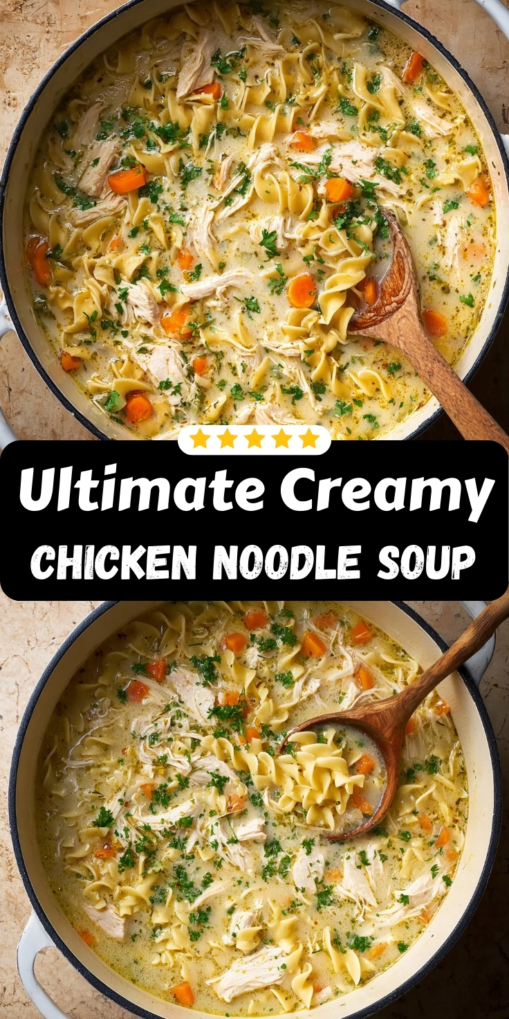 Creamy chicken noodle soup with tender chicken pieces, egg noodles, carrots and celery in rich cream broth in large pot with wooden spoon