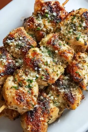 Garlic parmesan chicken pieces golden brown and crispy with melted parmesan cheese, fresh herbs, and garlic seasoning on white plate