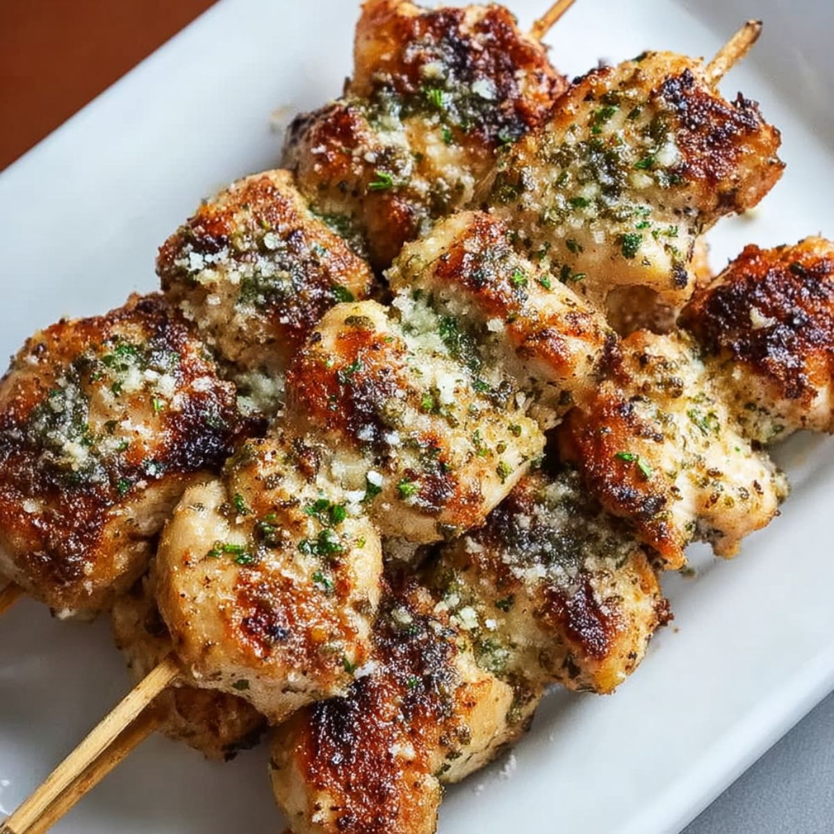 Garlic parmesan chicken pieces golden brown and crispy with melted parmesan cheese, fresh herbs, and garlic seasoning on white plate