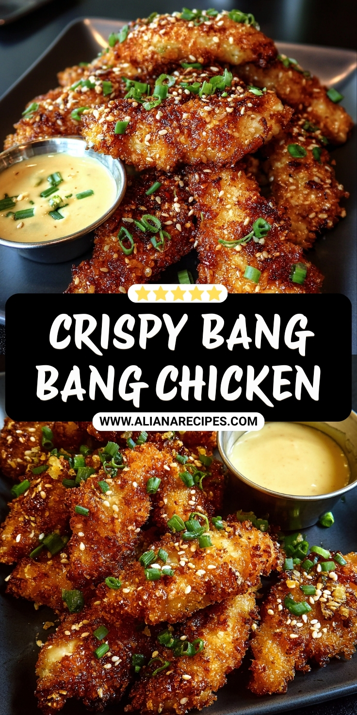 Crispy bang bang chicken pieces with golden brown breading, glossy sweet chili sauce coating, sesame seeds and fresh green onions, served with creamy dipping sauce on dark slate