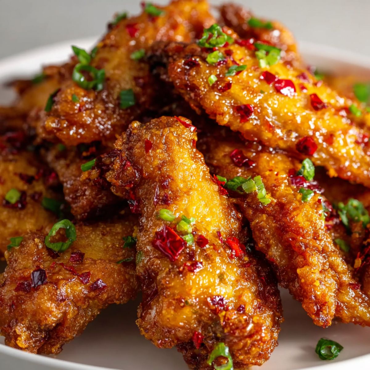 Crispy bang bang chicken pieces with golden brown coating, sweet chili sauce glaze, and fresh green onions garnish on a white plate showing perfectly crispy texture and glossy sauce coating